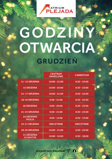 Godziny otwarcia w grudniu